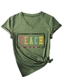 Close-up of V-neck T-shirt detail showing Teach Them To Be Kind print and rolled sleeves - Olive Green (Black Graphic)