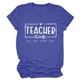 Detail of Teacher Mode slogan print on navy blue short sleeve t-shirt with heart graphic - Retro Blue (White Font)