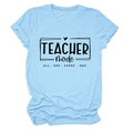 Detail of light blue cotton T-shirt featuring TEACHER mode ALL DAY EVERY DAY black print - Light Blue (Black Font)