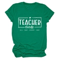 Detail of green Teacher Mode t-shirt showing the white graphic print and cotton fabric texture - Dark Green (White Font)