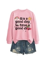 Sweat-shirt rose à col rond avec slogan 'it's a good day' et graphismes arc-en-ciel - Sweat-shirt Rose (Texte Noir)