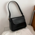 Minimalist black matte PU leather flap shoulder bag with gold metal hardware - Black