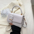Elegant white crocodile embossed PU leather top handle bag with gold hardware buckle - White