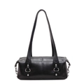 Bolso de hombro retro en cuero sintético negro con aros plateados y correas dobles - Negro