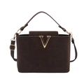 Elegante dunkelbraune Lederhandtasche mit goldener V-Schnalle und Umhängeriemen - Braun