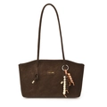 Minimalist dark brown tote bag with shoulder strap and colorful beaded tassel pendant - Brown