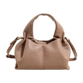 Brown litchi grain leather cloud bag with gold hardware and adjustable shoulder strap - Khaki