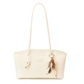 Bolso tote de cuero blanco crema con borla de cuentas étnicas y placa dorada - Blanco
