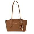 Bolso tote de cuero marrón con logotipo dorado y colgante decorativo de cuentas - Marrón
