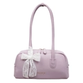 Bolso de hombro lila de cuero con lazo de encaje y logotipo dorado en fondo blanco - Morado