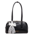 Bolso Boston minimalista de cuero granulado negro con lazo de encaje blanco y logo dorado - Negro