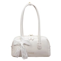Bolso Boston beige en cuero de grano con lazo de encaje y logotipo dorado - Blanco Roto