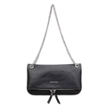 Borsa baguette nera in pelle martellata con catena argento e doppia cerniera - Nero