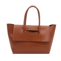 Caramel brown crocodile embossed tote bag with large flap and dual handles - Brown