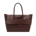 Deep brown crocodile embossed tote bag with flap closure and slender handles in a frontal view - Brown