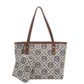 Klassieke draagtas met patroon en bijpassend zakje, beige stof met bruine leren riemen - Vintage Letter M Tote & Pouch Set / Grijs