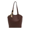 Minimalist large brown tote bag with decorative geometric silk scarf on handle - Brown
