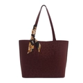 Deep burgundy tote bag with subtle leopard print and decorative scarf on handle - Red