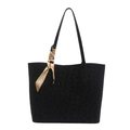 Retro black leopard print suede tote bag with decorative silk scarf and large capacity - Black