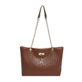 Borsa tote in pelle intrecciata marrone con ciondolo a cervo dorato e tracolla a catena - Marrone