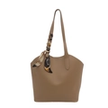 Khaki tote bag with stylish printed silk scarf and wavy top edge design on white background - Khaki