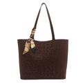 Large leopard print faux suede tote bag with decorative silk scarf and matte finish - Brown