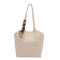 Minimalist apricot tote bag in smooth faux leather with decorative floral scarf handle - White
