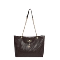 Borsa tote intrecciata marrone scuro con ciondolo a forma di cervo e catena oro - caffè