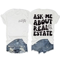 Détail de l'imprimé 'ASK ME ABOUT REAL ESTATE' au dos d'un t-shirt blanc en coton - Blanc (Imprimé Noir)