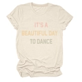 Detail of the crew neck collar and colorful text print on the cream cotton t-shirt - S / Sand