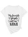 Close-up of V-neck white T-shirt with My Favorite People Call Me MIMI print and side knot - S / Knot Hem Style / White (Black Font)