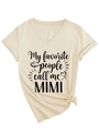 Macro detail of V-neck cotton T-shirt with knot hem and 'MIMI' slogan printing - S / Knot Hem Style / Sand (Black Font)
