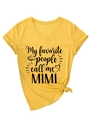 Detail of V-neck mustard yellow t-shirt featuring Mimi print and knotted hem design - S / Knot Hem Style / Yellow (Black Font)