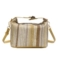 Borsa a scatola etnica in paglia intrecciata a righe, manico e dettagli in metallo dorato - Strisce Giallo Beige Marrone / Cachi