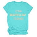 Detail of turquoise cotton t-shirt with It's a Beautiful Day to Dance slogan print - Deep Water Blue