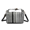 Borsa a spalla in paglia a righe alla moda con manici in pelle nera e dettagli dorati - Vortice Grigio Bianco / Nero