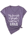 Detail of purple V-neck T-shirt with My favorite people call me MIMI print and knot hem - S / Knot Hem Style / Purple (White Font)