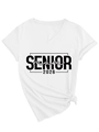 Detail of V-neck white T-shirt featuring Senior Mom 2026 print and a stylish knotted hem - S / White (Black Print)