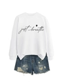 Detail of Just Breathe script and heart print on a white casual long sleeve sweatshirt - White (Black Font)