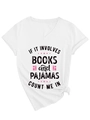 Detail of V-neck white cotton t-shirt featuring book theme print and stylish front hem knot - S / White (Black Print)