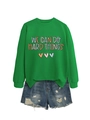 Détail à plat du sweat vert à col rond avec impression 'WE CAN DO HARD THINGS' - S / Vert Herbe