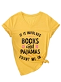 Detail of V-neck yellow tee with book slogan print and decorative knot at the hem - S / Yellow (Black Print)