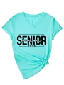 Detail of V-neck T-shirt showing rolled sleeves and side knot in mint green cotton - S / Turquoise (Black Print)