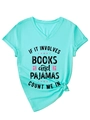 Detail of V-neck mint green t-shirt featuring book theme print and stylish side knot - S / Deep Water Blue (Black Print)