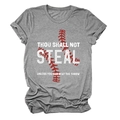 Detail of grey cotton T-shirt featuring red baseball stitching print and slogan - S / Dark Grey (White Text)