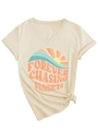 Detail view of V-neck T-shirt showing Forever Chasing Sunsets graphic and side knot - S / Sand