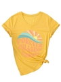 Detail view of yellow V-neck T-shirt with sunset print and stylish front hem knot - S / Yellow