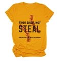 Detail of mustard yellow cotton T-shirt featuring red baseball stitching and black text print - S / Mustard Yellow (Black Text)