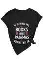 Detail of V-neck cotton T-shirt with 'BOOKS and PAJAMAS' slogan and side knot hem - S / Black (White Print)