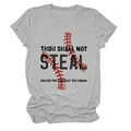 Detail of baseball stitch graphic and Thou Shall Not Steal text on grey cotton tee - S / Tops / Light Grey (Black Text)